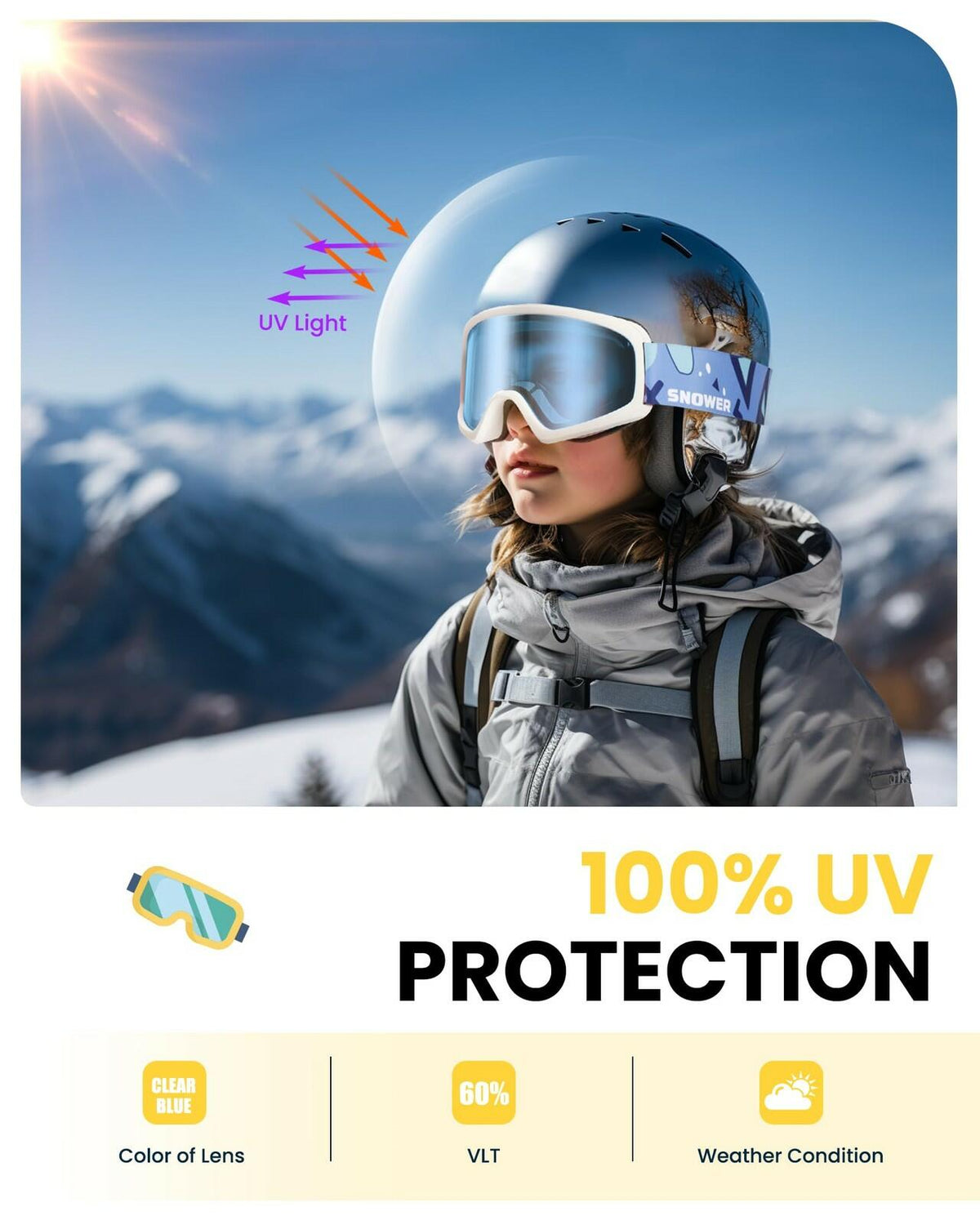 SNOWER Kids Ski Goggles, Anti-Fog Snow Goggles with OTG Design, 100% UV