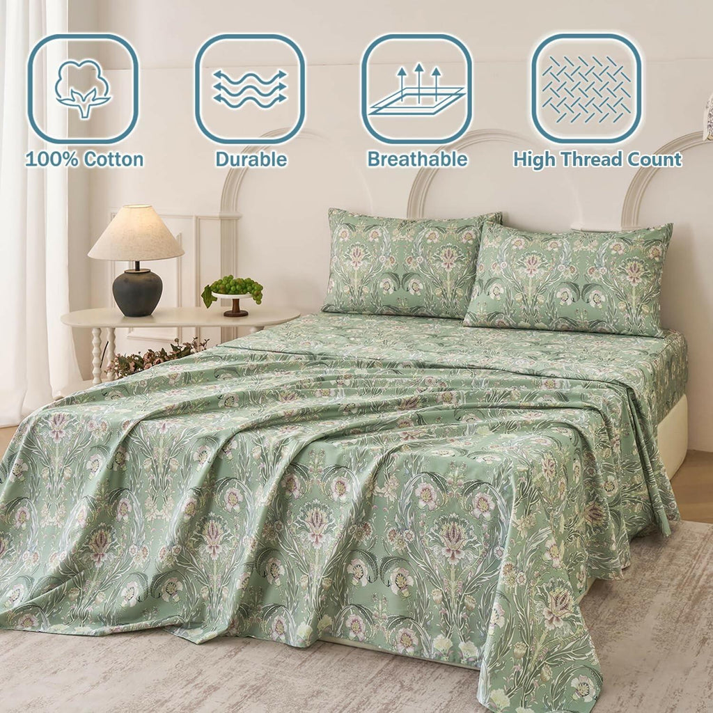Huborise 17.5", 4Pcs Boho Sheets Silky Green Floral Bed Sheet Set Queen Size