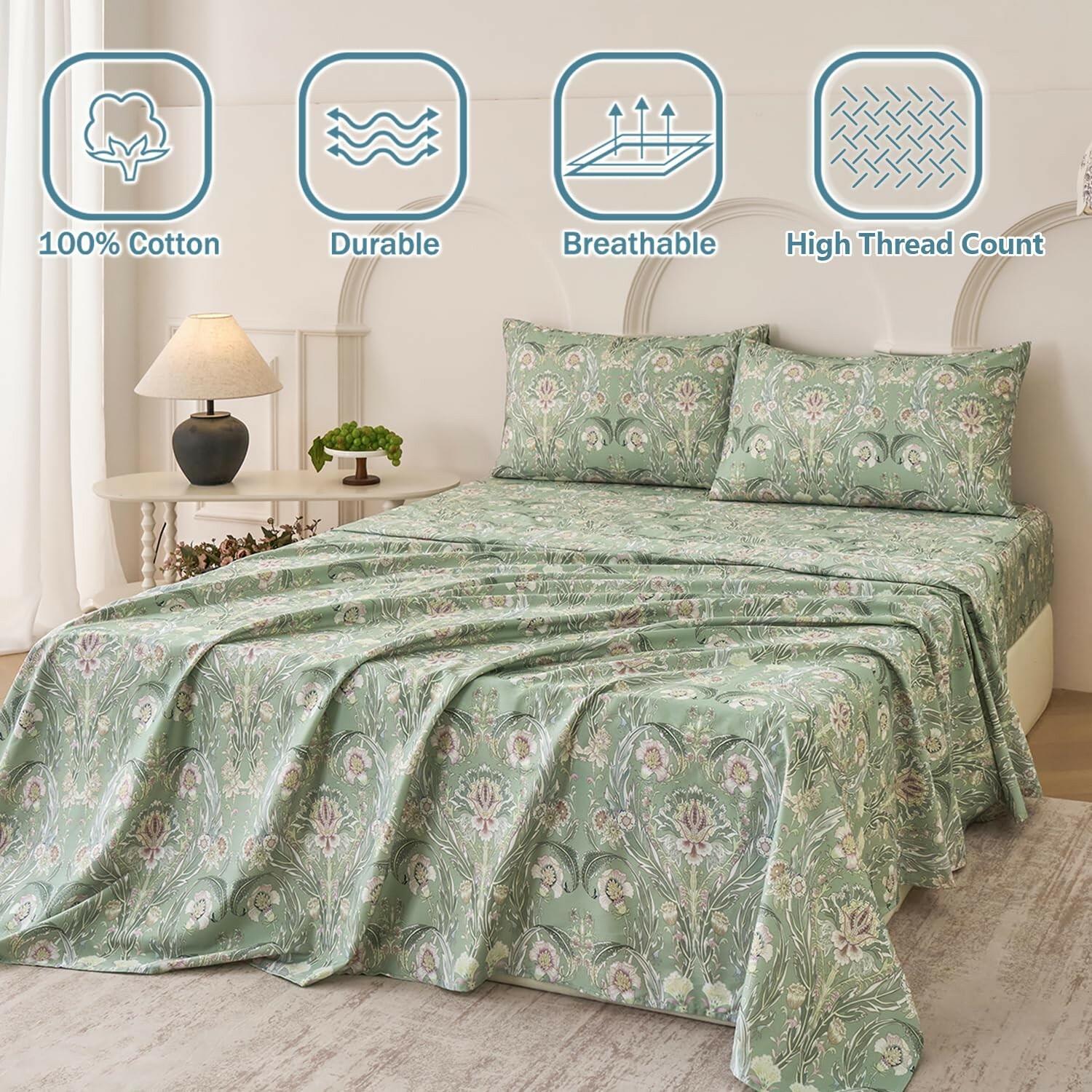 Huborise 17.5", 4Pcs Boho Sheets Silky Green Floral Bed Sheet Set Queen Size