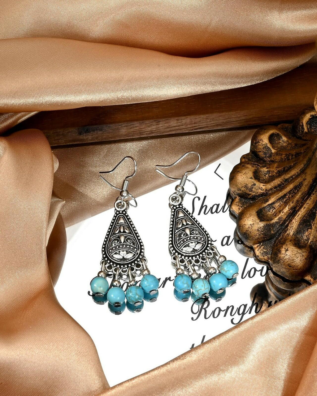 Watforsh Boho Silver Turquoise Filigree Western Country Earrings Teardrop Drop