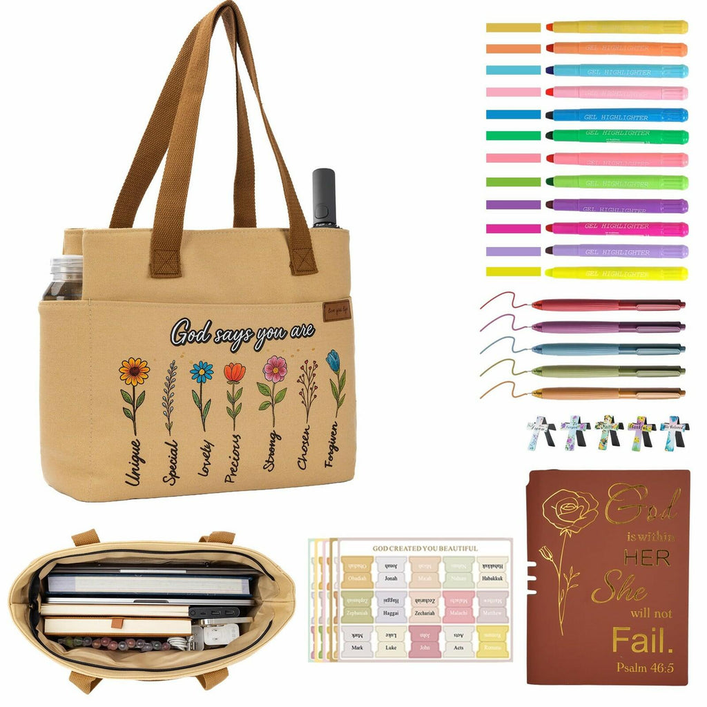 25 PCS Bible Study Supplies Kit, Large Capacity Canvas Tote Bag for Women