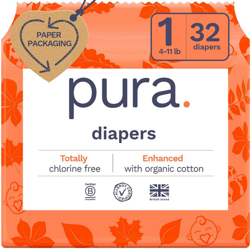 64 Count Pura Hypoallergenic Diapers, Size 1 (4-11 lbs), Newborn, Totally