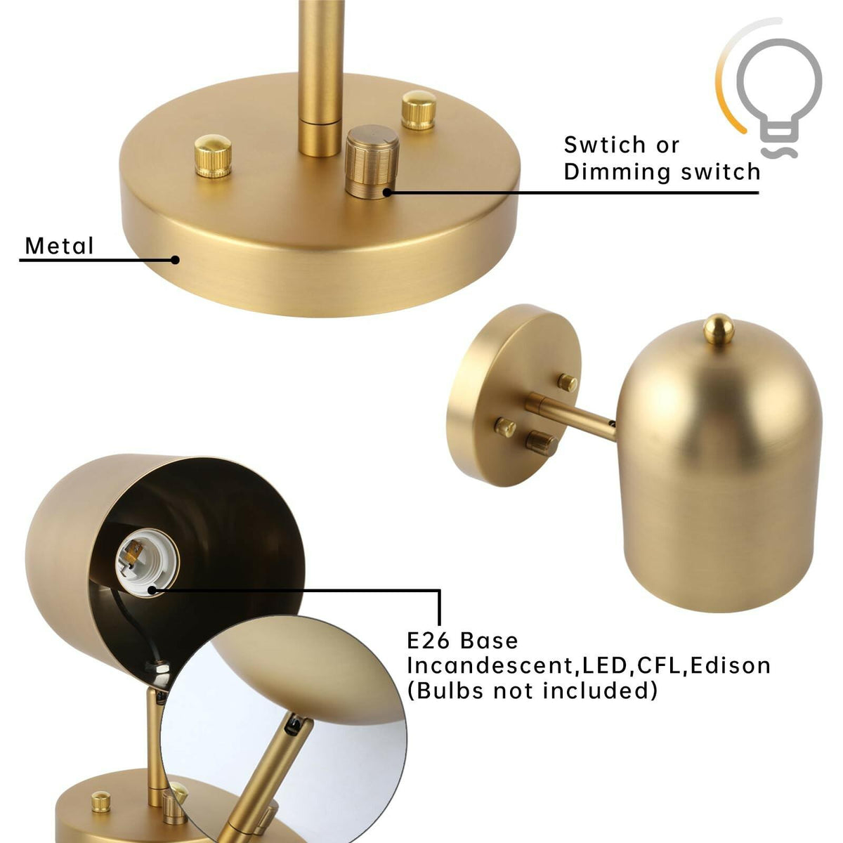Pathson Set of 2 Hardwired Wall Sconce Dimmer Switch, Brass Finish Wall Light