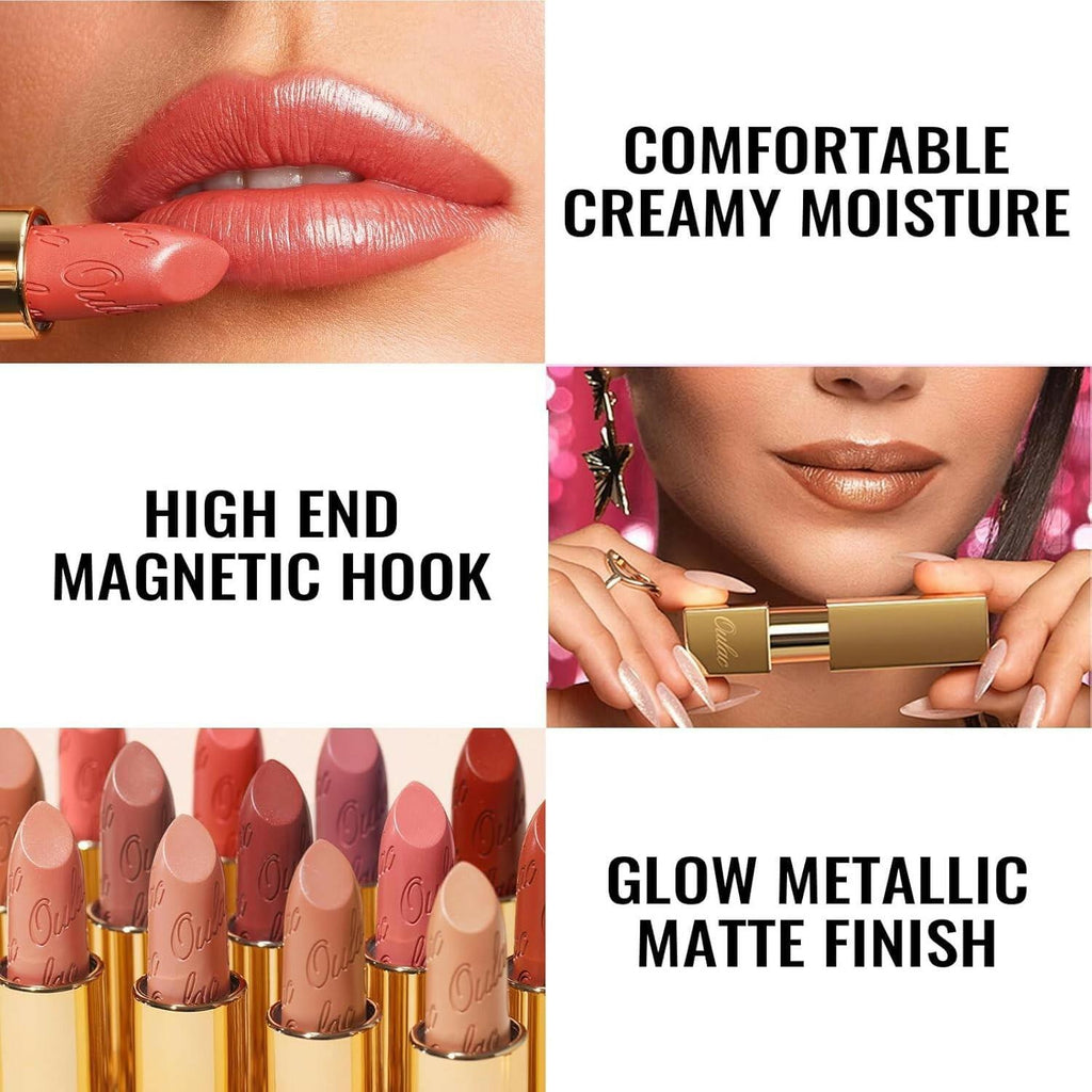 Oulac Matte Nude Peach Lipstick with Glow Metallic Finish - Vegan Lipstick for