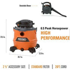 Pacroban 16 Gal 6.5-Peak HP NXT Wet Dry Shop Vacuum Blower Filter
