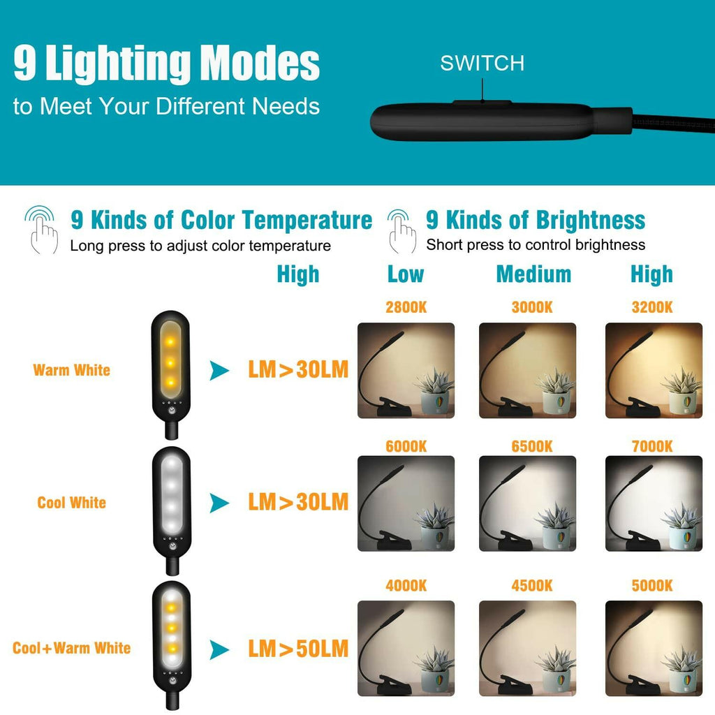 VAVOFO Rechargeable Reading Light 7 LEDs with 9 Color Temperature 9 Brightness