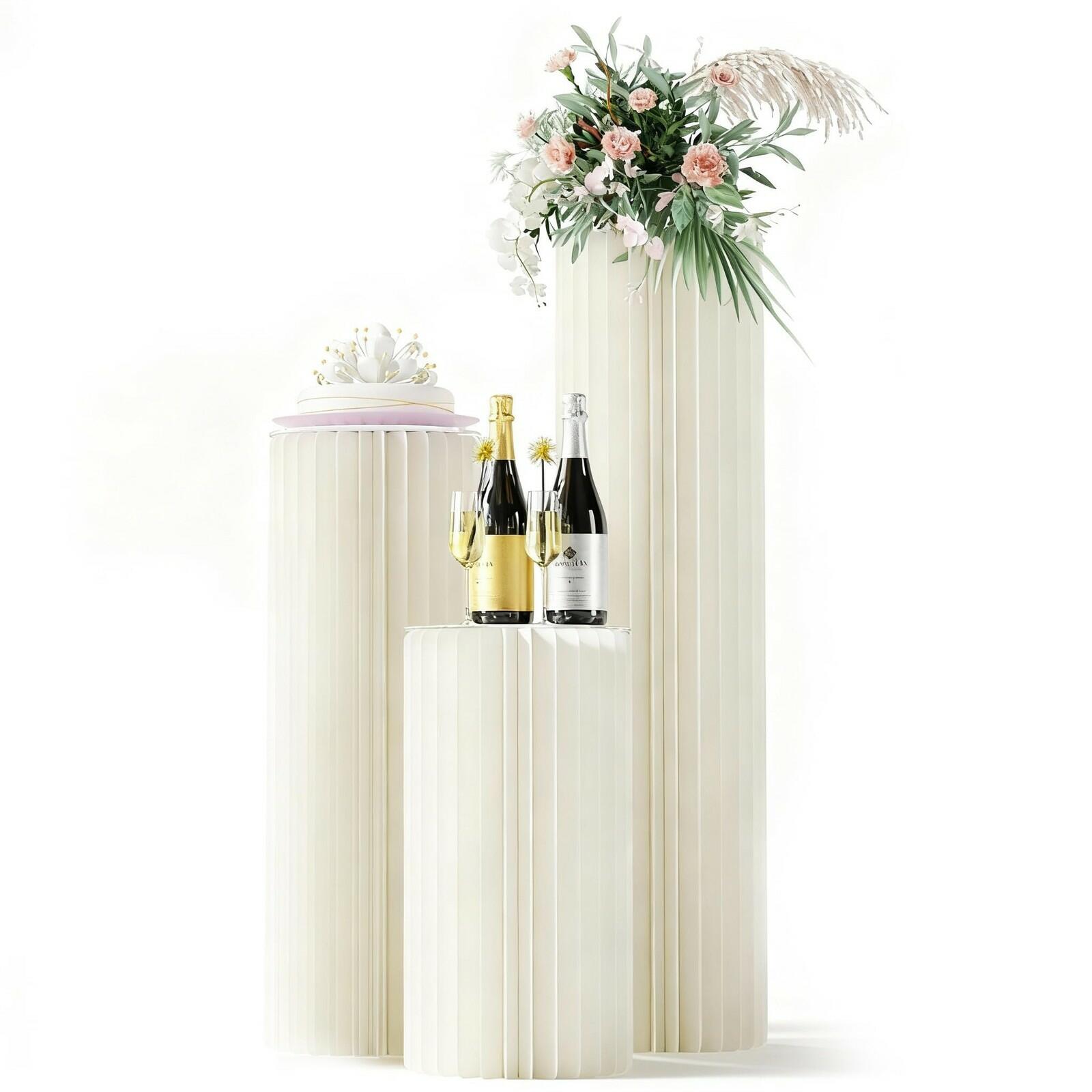 3 Pack Portable White Cylinder Stands for Party, 31.5", 23.6", 15.7" Height