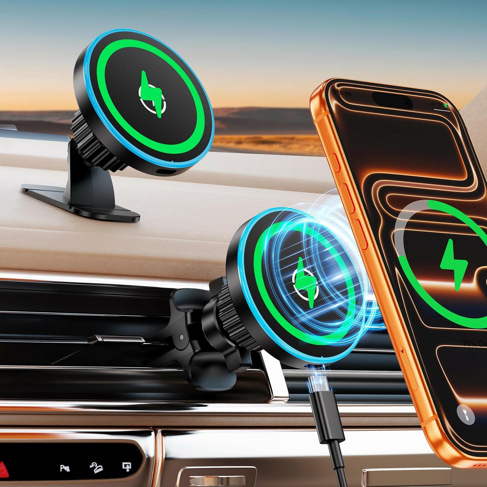 for Magsafe Car Mount Charger, [100% Stable] 15W 2 in1 Magnetic Wireless Car