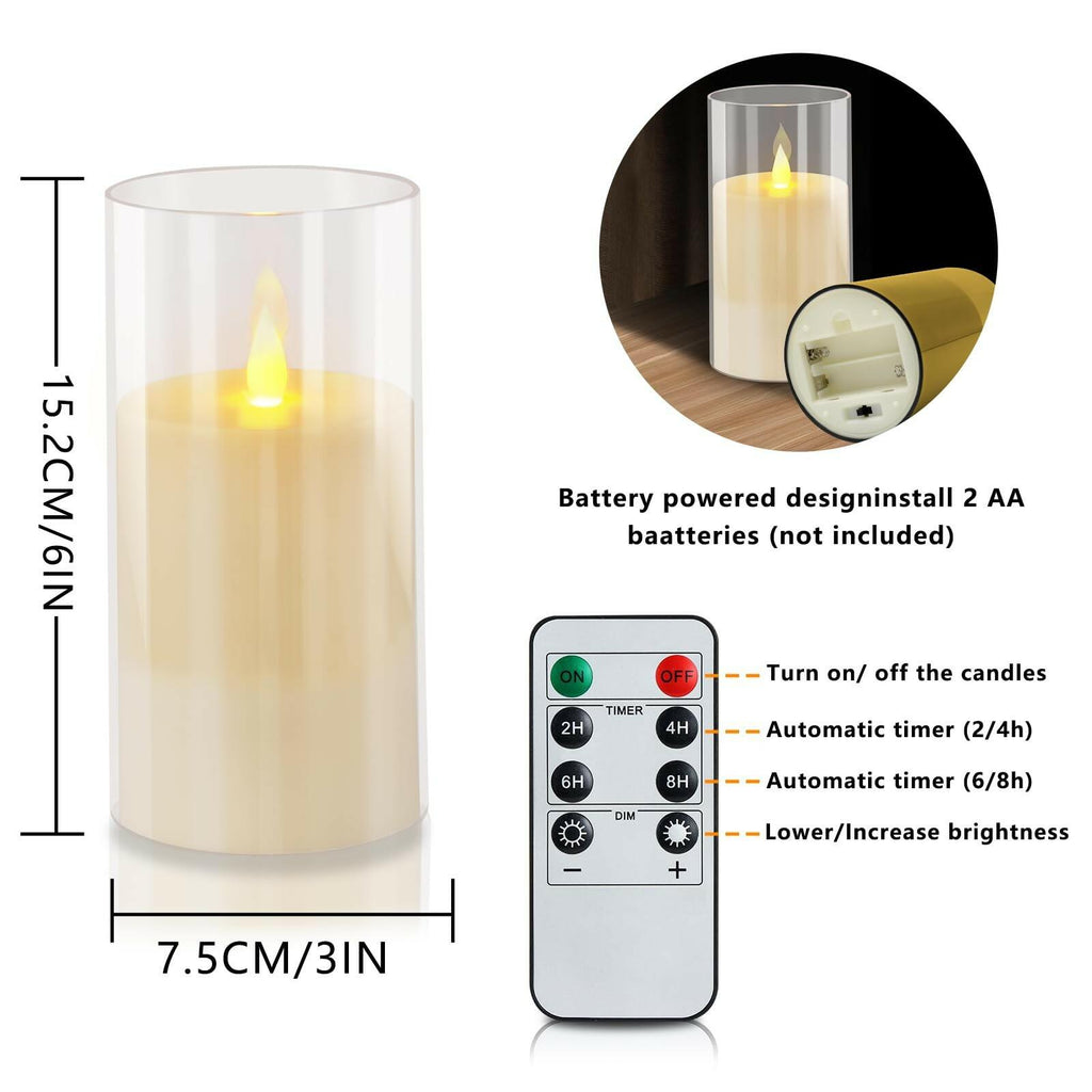wemarry Flameless Candles 4" 5" 6" Set of 2 Acrylic Glass Pillars 3" Diameter