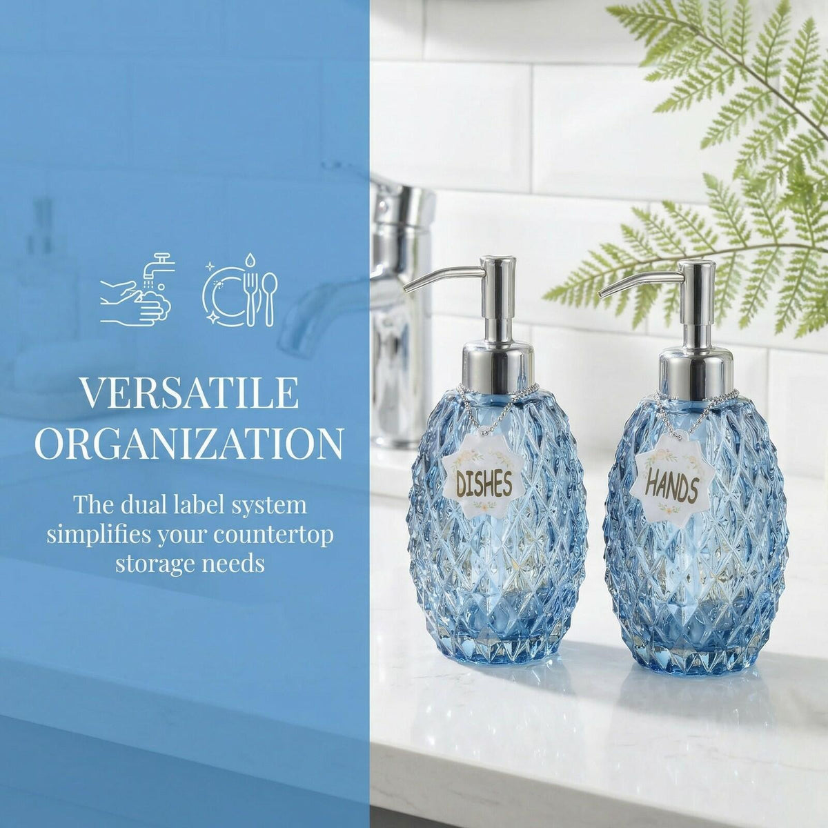 MALACHI Soap Dispenser Set, Crystal-Textured Diamond Glass with Rustproof