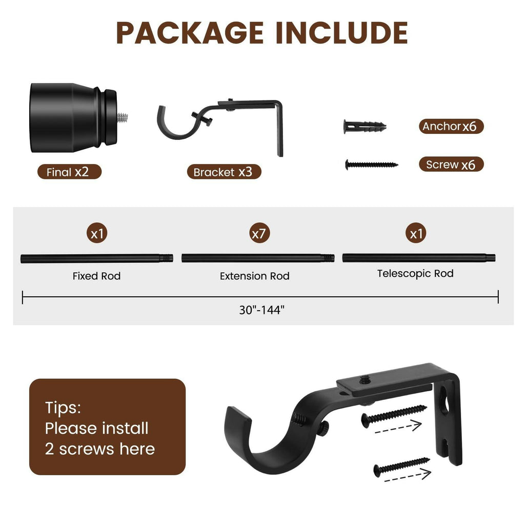 1" Curtain Rod 30-144 Inch Adjustable Heavy Duty Iron Window Rod Matte Black