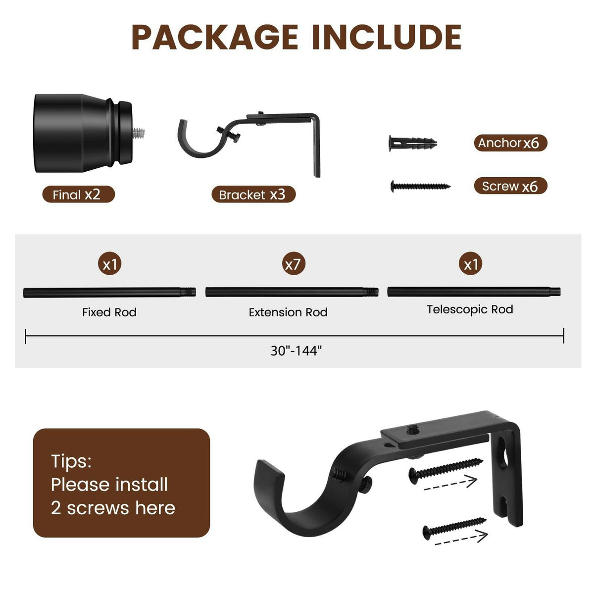 1" Curtain Rod 30-144 Inch Adjustable Heavy Duty Iron Window Rod Matte Black