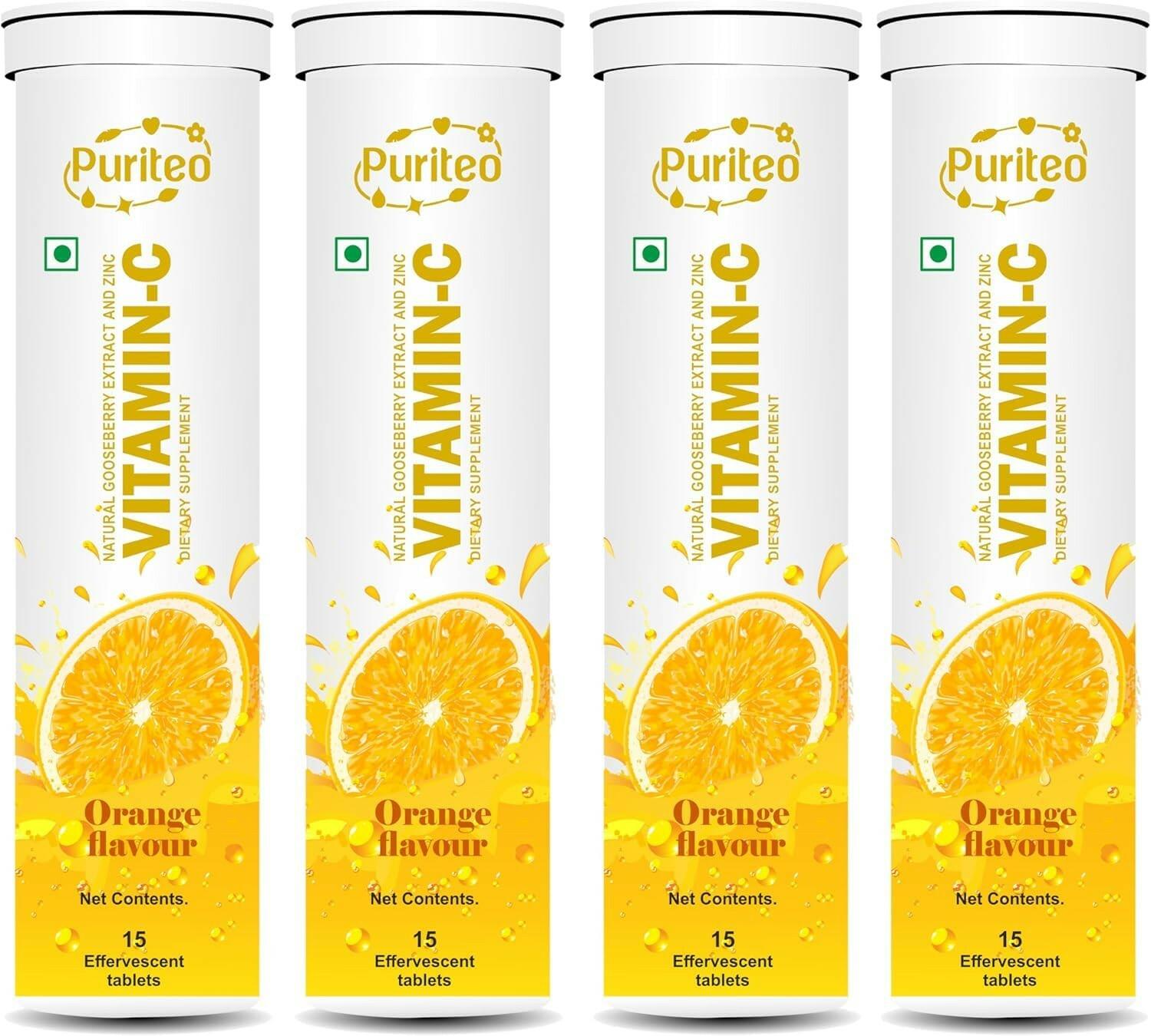 15 Tablet, Pack of 4 PURITEO Vitamin C 1000mg Effervescent Tablets - Potent