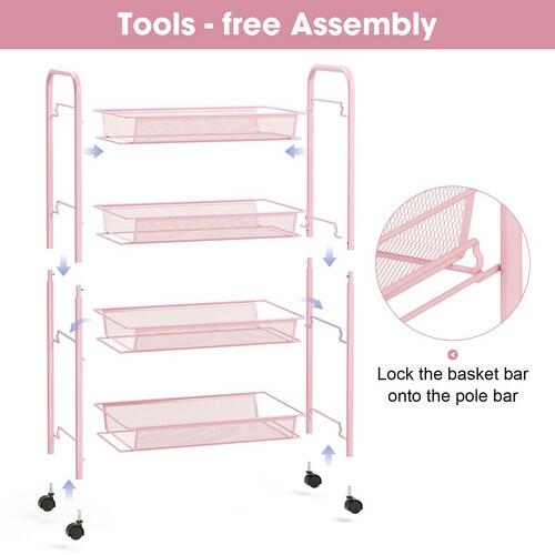 TOOLF 4 Tier Rolling Utility Cart Pink Metal Storage Trolley w/ Hooks