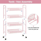 TOOLF 4 Tier Rolling Utility Cart Pink Metal Storage Trolley w/ Hooks