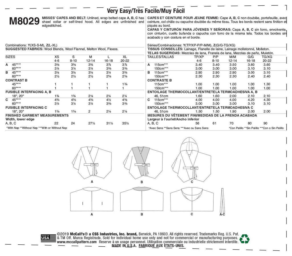 McCall's Sewing Pattern Misses' Capes & Belt Size XS-S-M, Various Colours