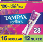 28 Count Tampax Radiant Tampons Multipack With Leakguard Braid, Regular/Super