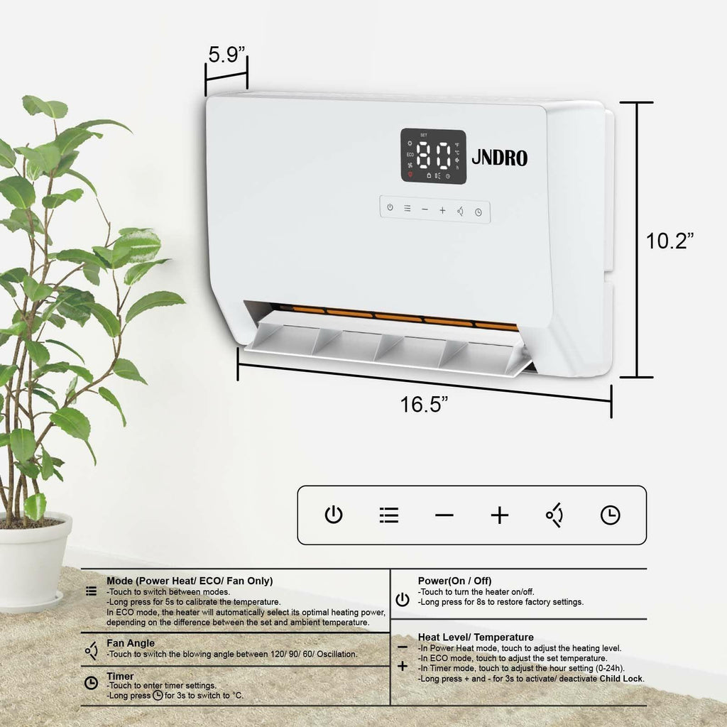 Wall-Mounted Space Heater with ECO Thermostat and Remote Control, LED Display,