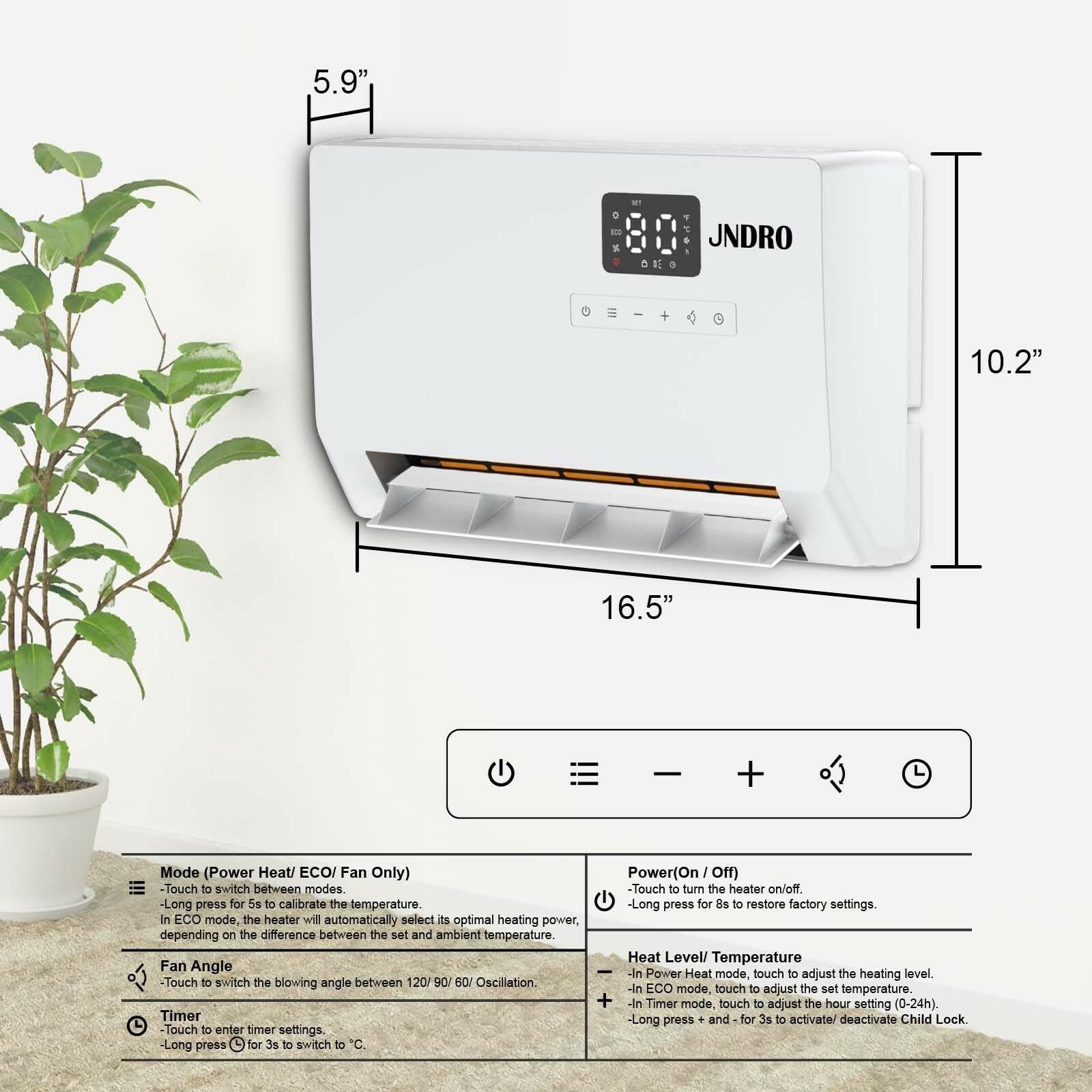 Wall-Mounted Space Heater with ECO Thermostat and Remote Control, LED Display,