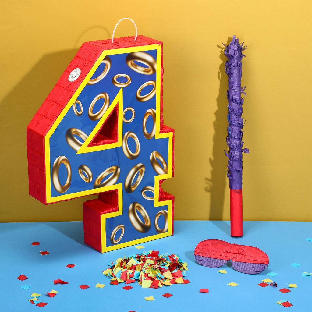 16 Inch Number 4 Blue and Golden Rings Pinata for Birthday Party Decorations,