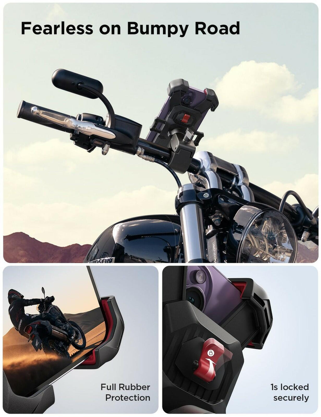 JOYROOM Motorcycle Phone Mount, [1s Auto Lock][100mph Military Anti-Shake] Bike
