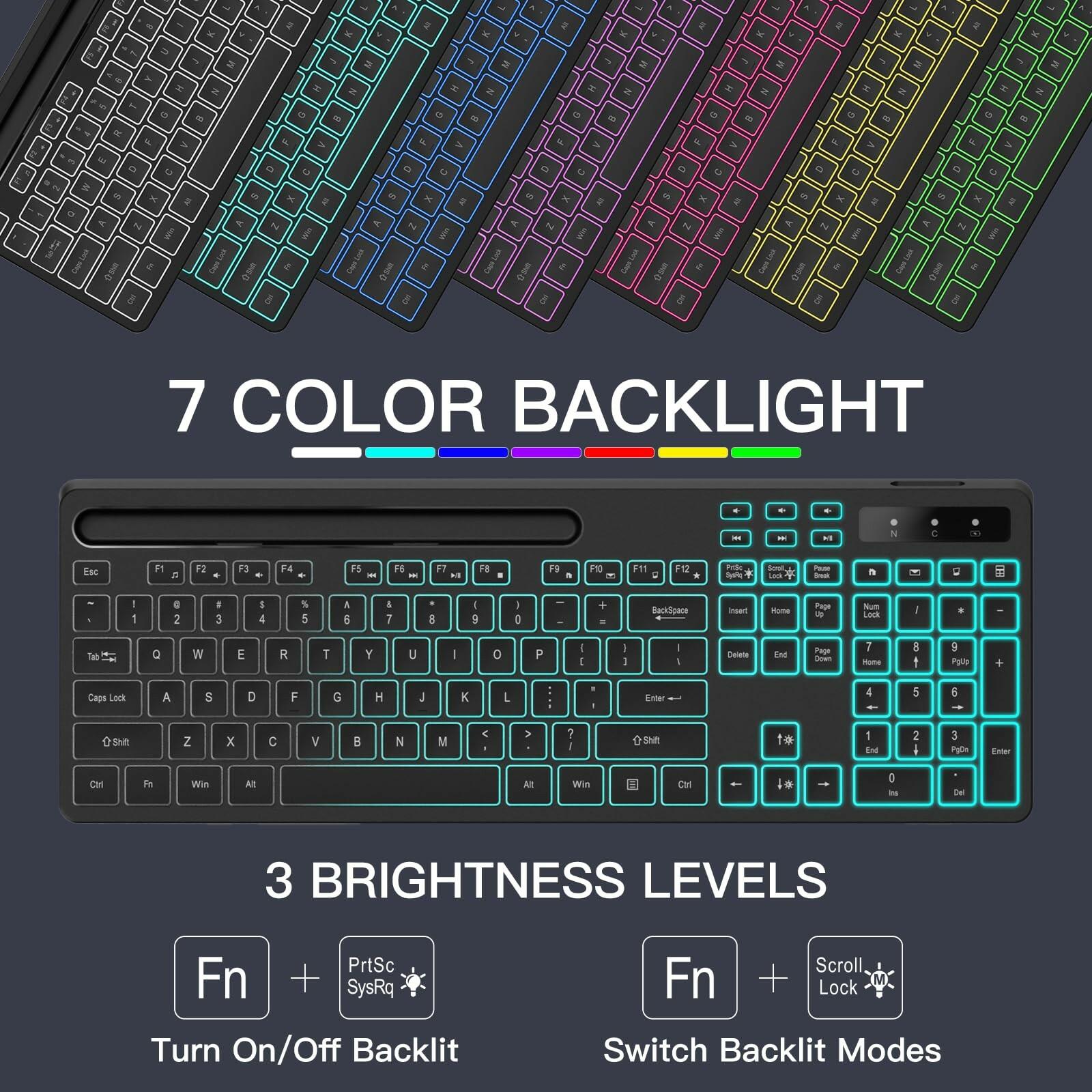 Soueto Wireless Keyboard with 7-Color RGB Backlit, Full-Size Computer Keyboard
