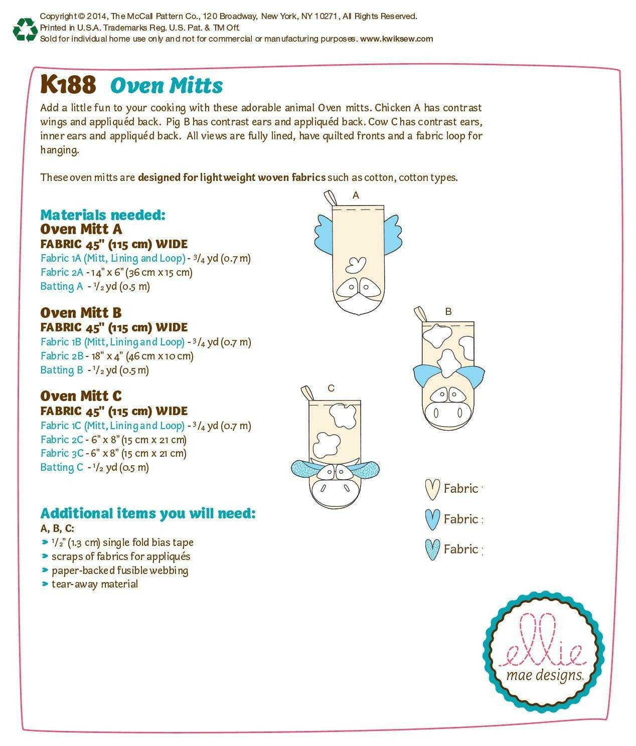 KWIK-SEW PATTERNS K0188 Oven Mitts, One Size Only