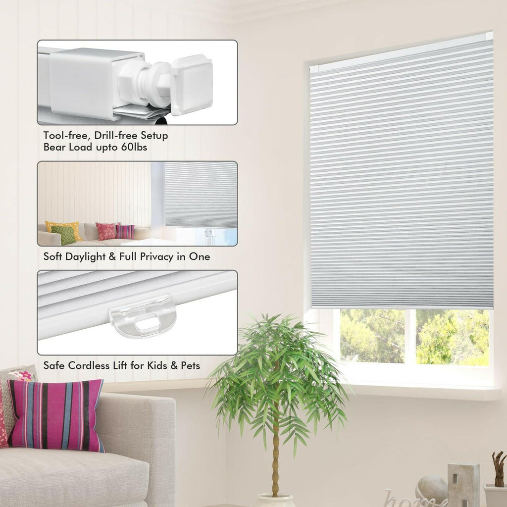FabuBlinds 20" W x 48" H Cordless Cellular Shades, No Drill No Tools Honeycomb