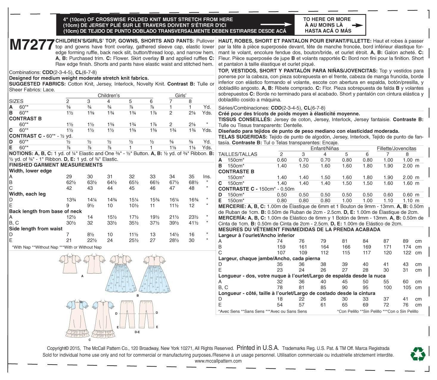 McCall's Patterns M7277 Children's/Girls' Top, Gowns, Shorts and Pants, Size CL