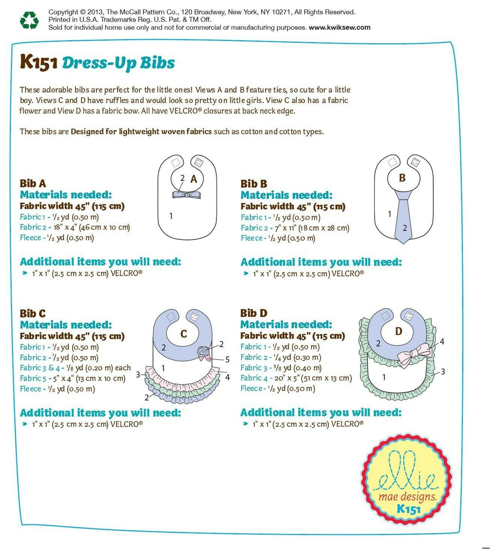 KWIK-SEW PATTERNS K0151 Bibs Sewing Template, One Size