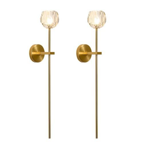 BOKT Gold Crystal Wall Sconce Set of 2 Brass Glass Bedroom Light Fixture