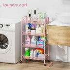 TOOLF 4 Tier Rolling Utility Cart Pink Metal Storage Trolley w/ Hooks