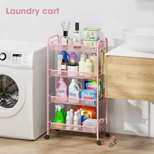 TOOLF 4 Tier Rolling Utility Cart Pink Metal Storage Trolley w/ Hooks