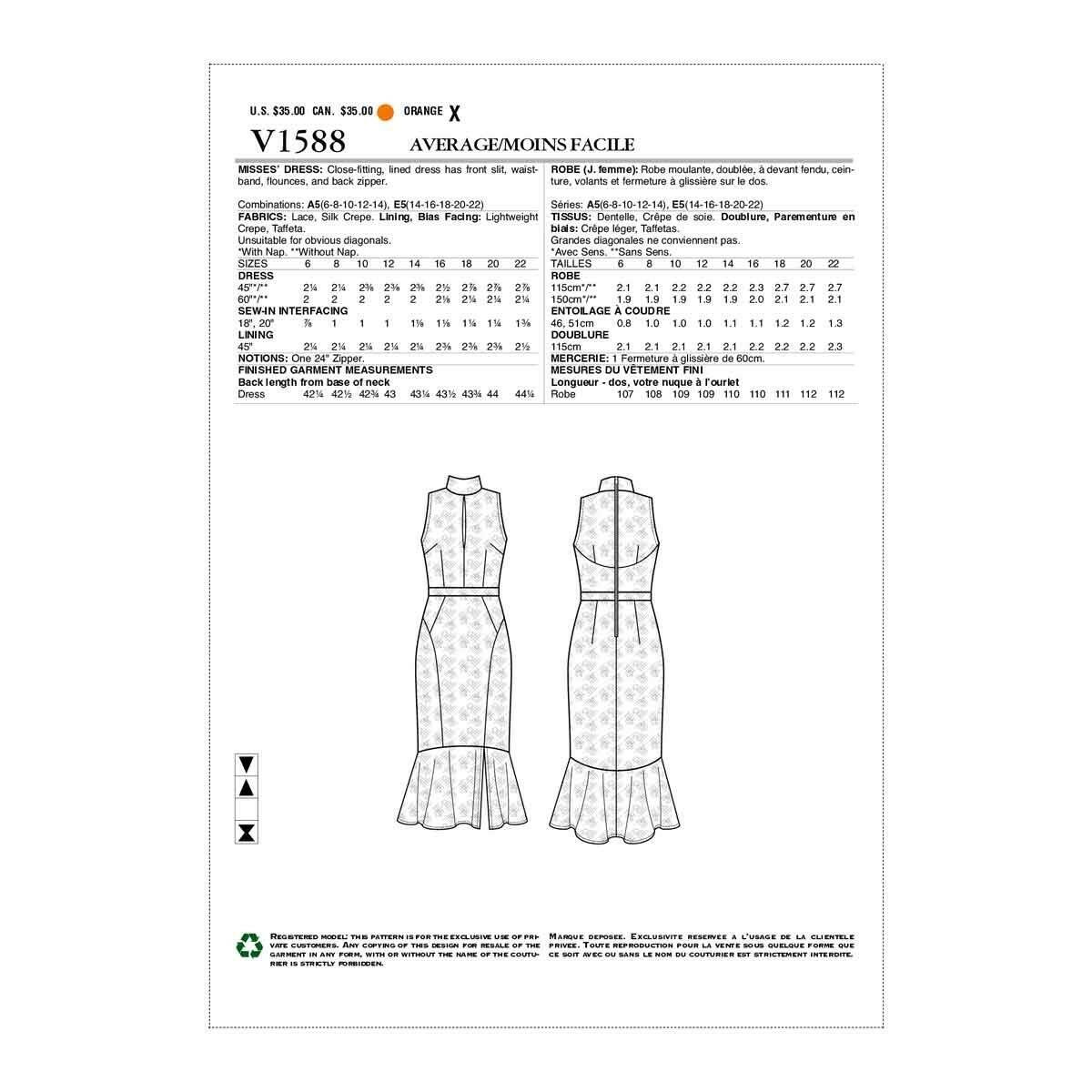 Vogue Patterns Misses Dress, 6-8-10-12-14", Orange