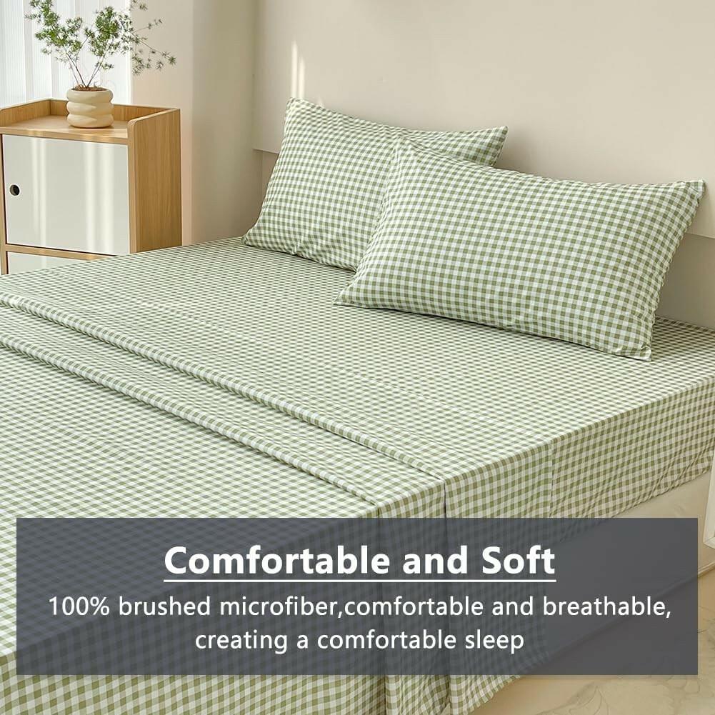 NSNLGSGC Sage Green Gingham Full Sheet Set, Soft Brushed Microfiber Plaid Full