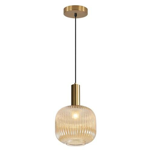 BOKT Modern Large Amber Glass Globe Pendant Light Fixture Brushed Brass Gold