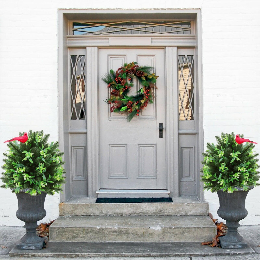 Set of 2 Artificial Christmas Urn Filler Topiary Tree with Cardinal Birds, Pine,