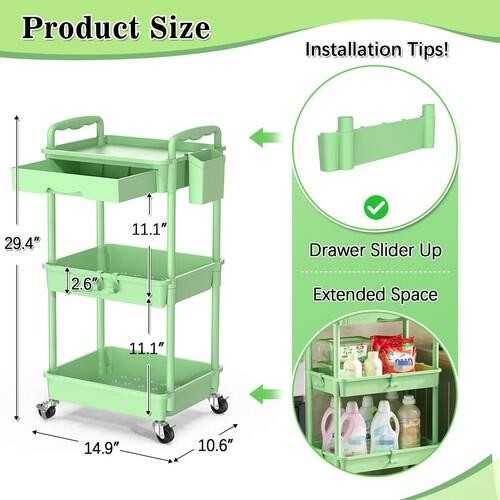 SUNALLY 3-Tier Rolling Cart with Drawer & Lockable Wheels, Bathroom Storage