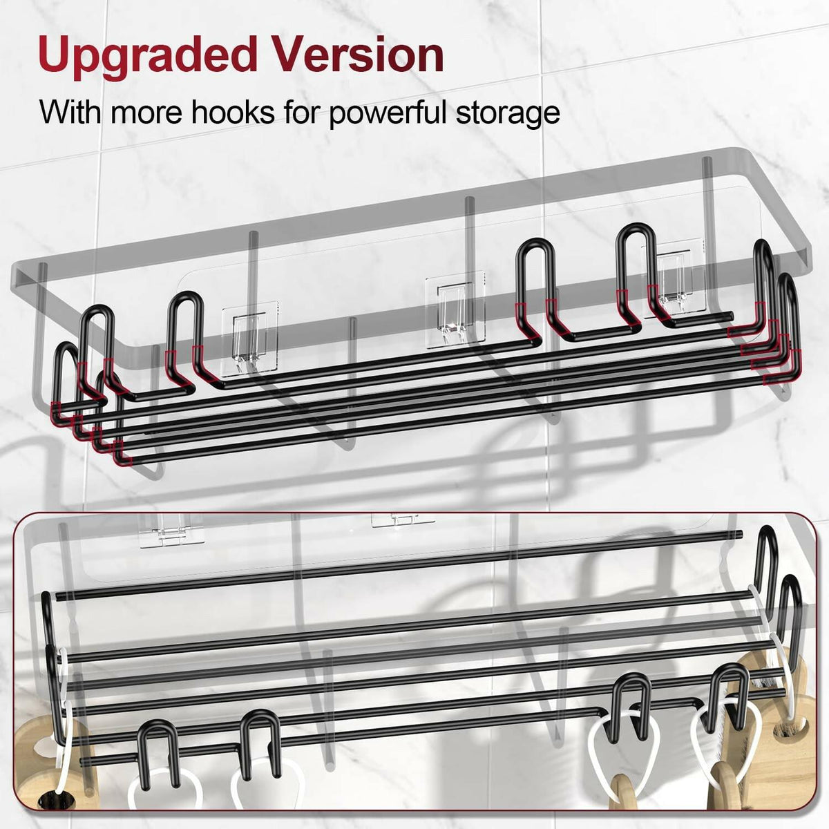 2 PACK Getsrichfc Adhesive Shower Caddy, Shower Shelves with 16 Hooks, Rustproof