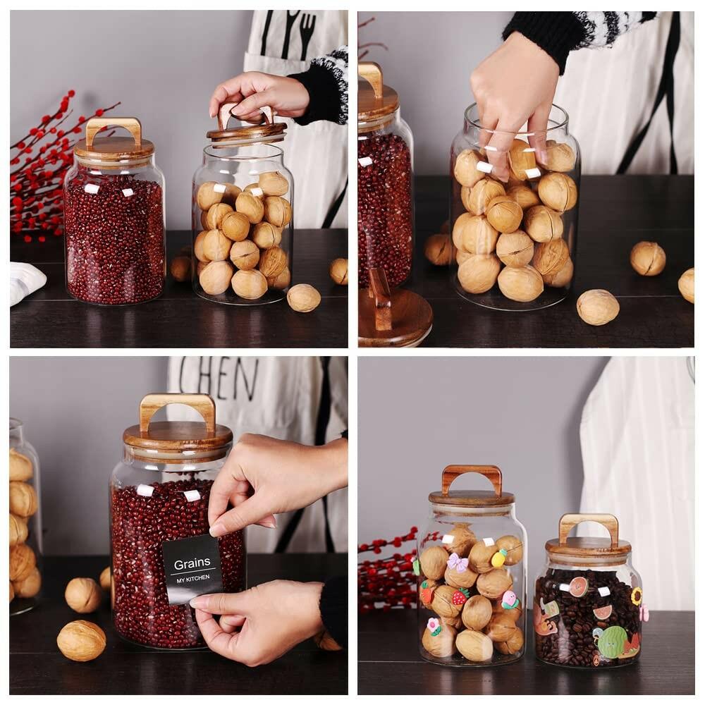 SAIOOL Canister Set of 2, Glass Kitchen Canisters with Airtight Acacia Lid, Tall