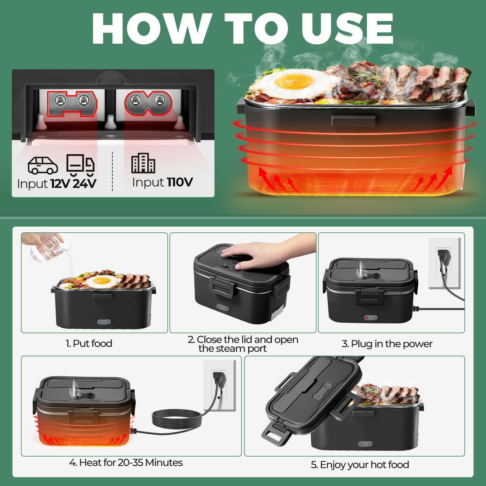 Vidaskeci Electric Lunch Box for Adultss 100W 1.8L Portable Heated Lunch Box for