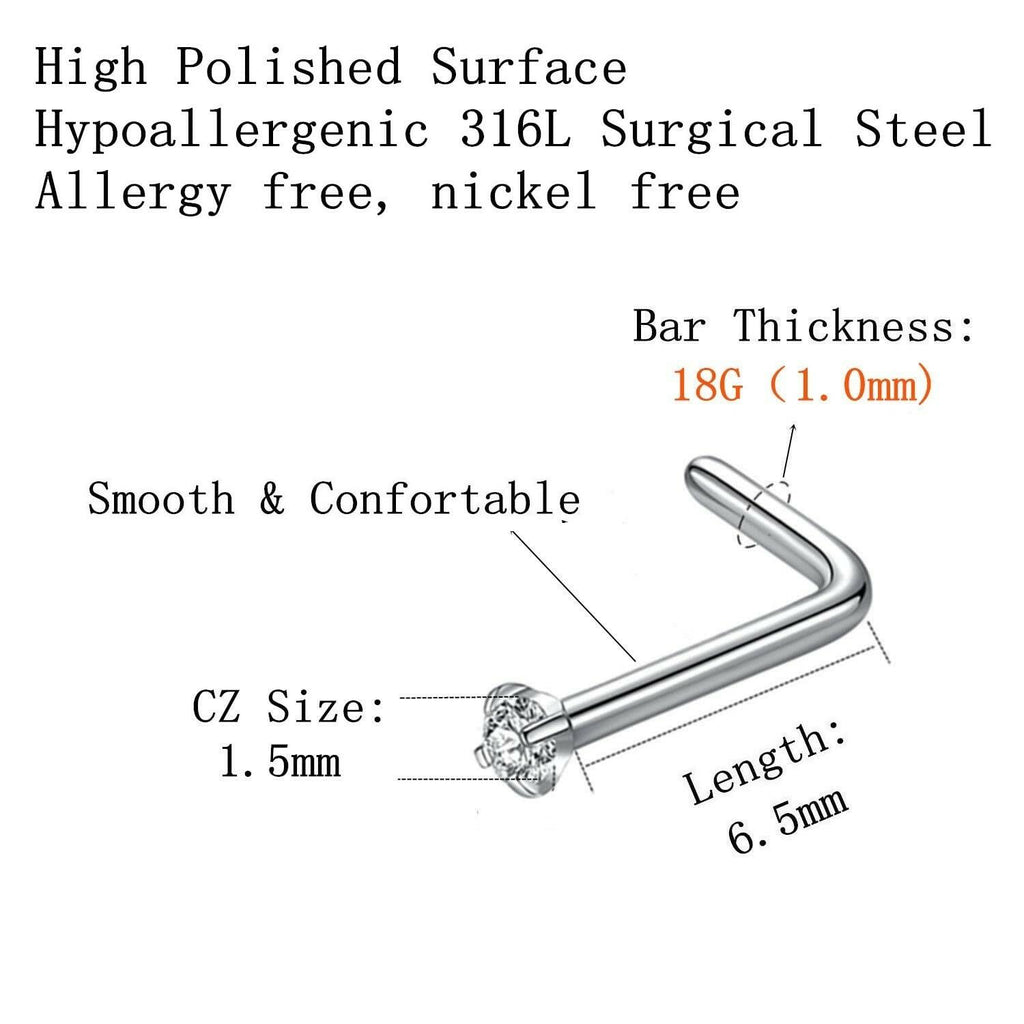 BLESSMYLOVE 316L Surgical Steel 22g/20g/18g Nose Rings Studs L-Shape Nose