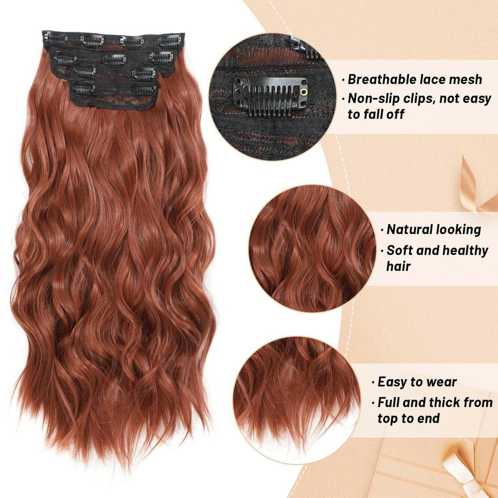 Clip in Hair Extensions 4 PCS 20 Inch Auburn Long Wavy Hair Extensions, Natural