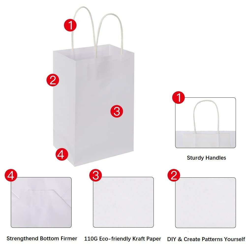 Oikss 100 Pack 5.25x3.25x8.25 Inch Small White Kraft Paper Bags with Handles