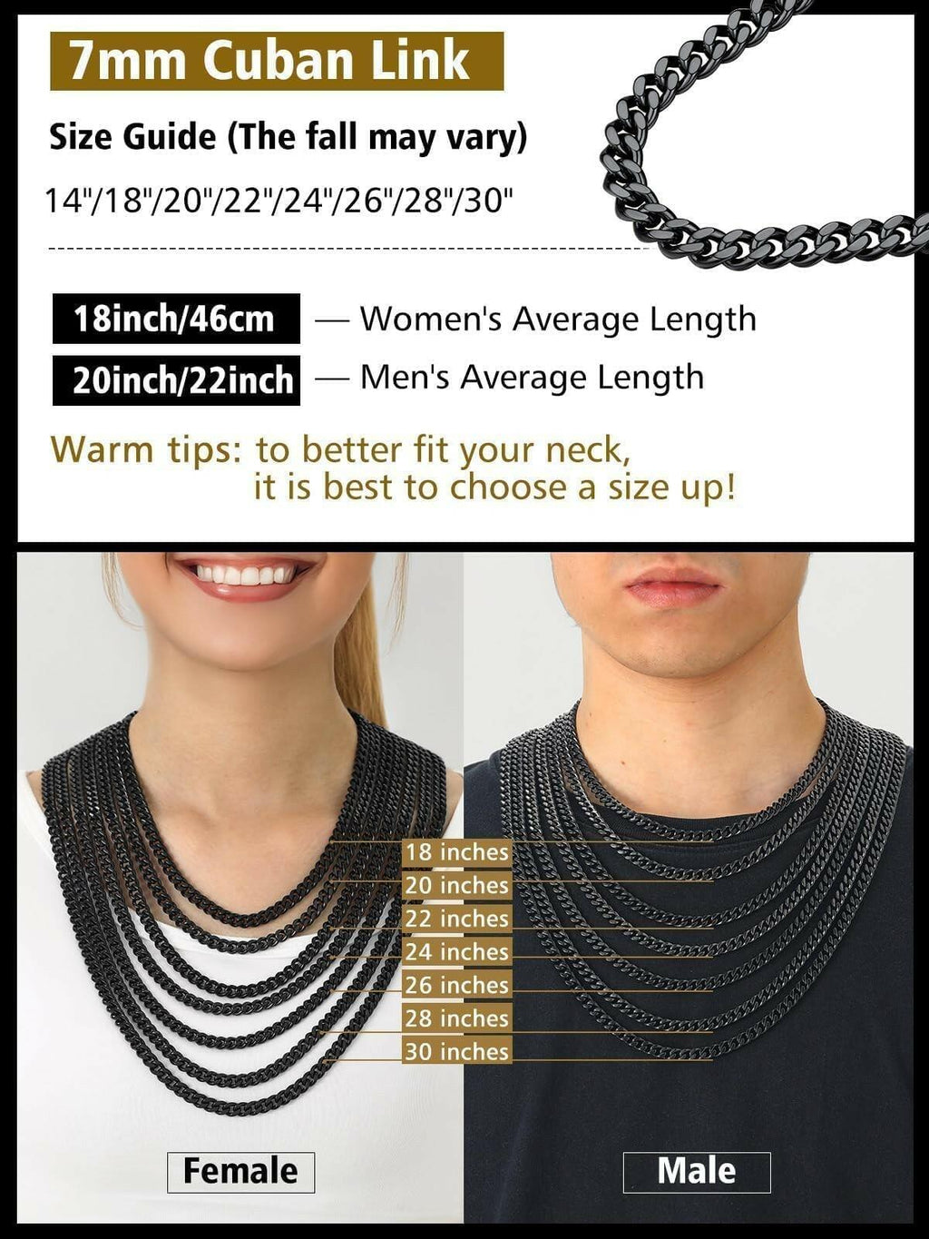 FindChic Black Chain Necklace for Men Thick Cuban Link Men's Curb Chain Necklace