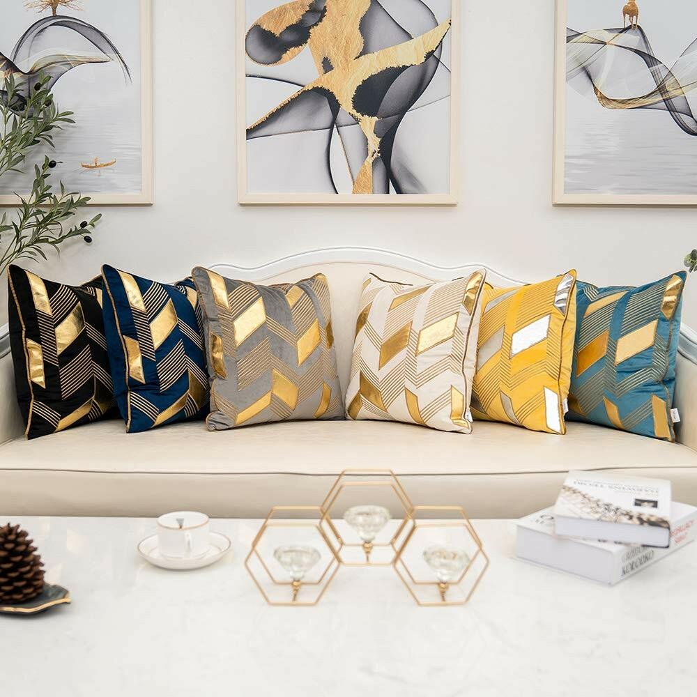 Alerfa 12 x 20 Inches White Geometric Gold Leather Striped Cushion Cases