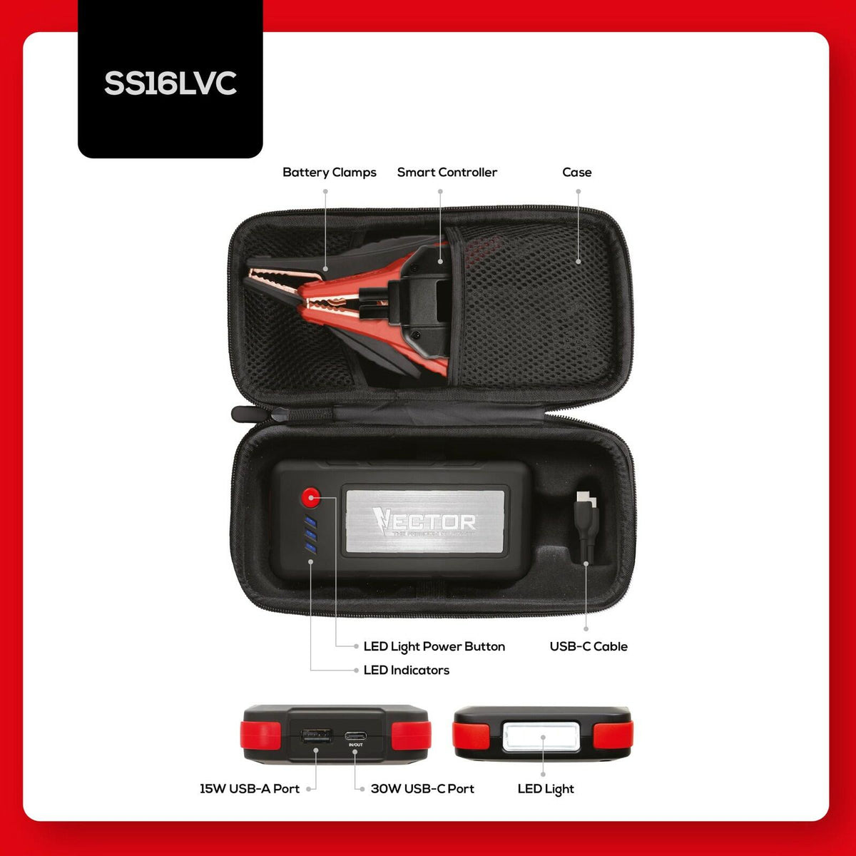 VECTOR SS16LVC 1600 Peak Amp Lithium Jump Starter with USB Power Bank