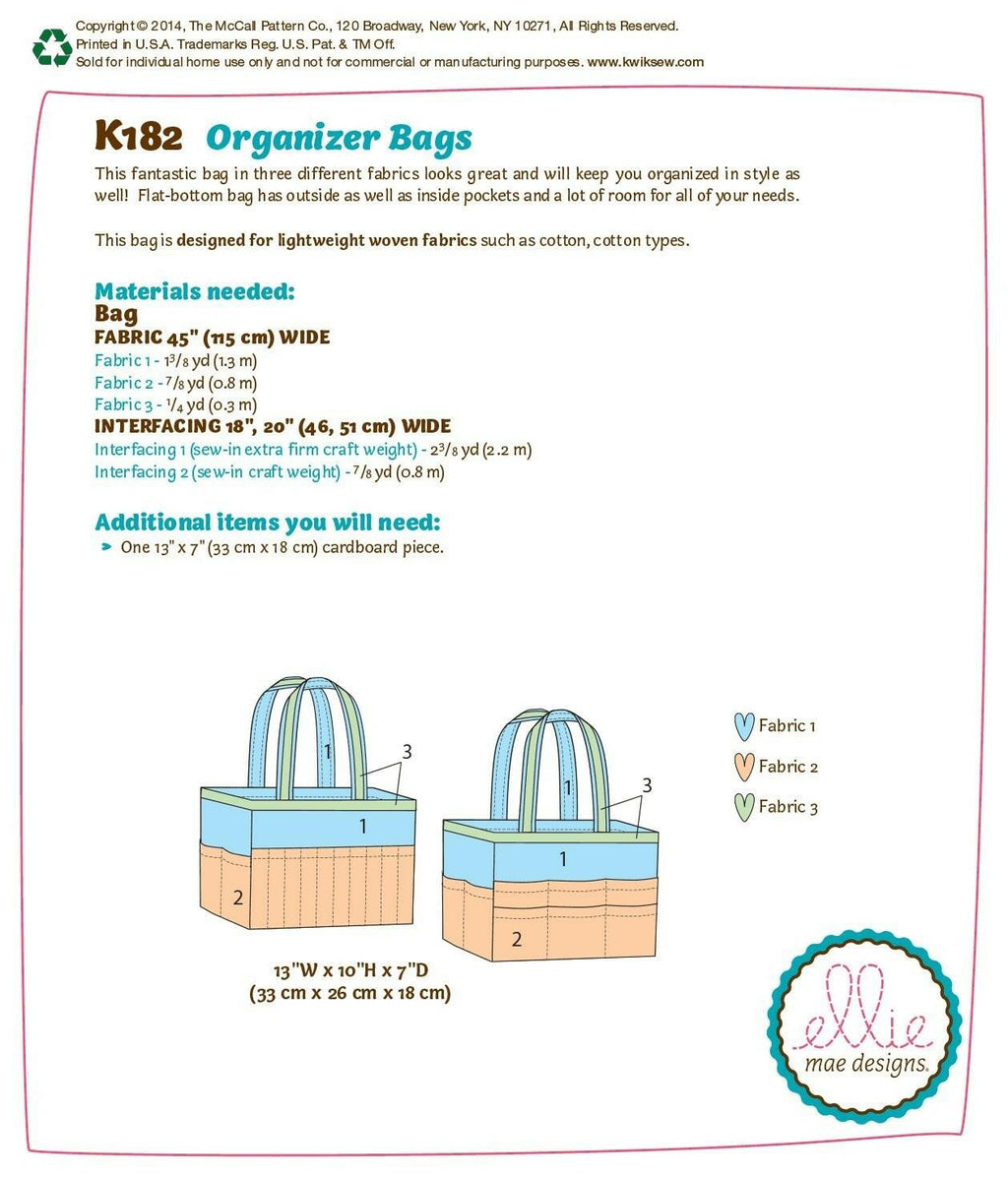 KWIK-SEW PATTERNS K0182 Organizer Bags, One Size Only