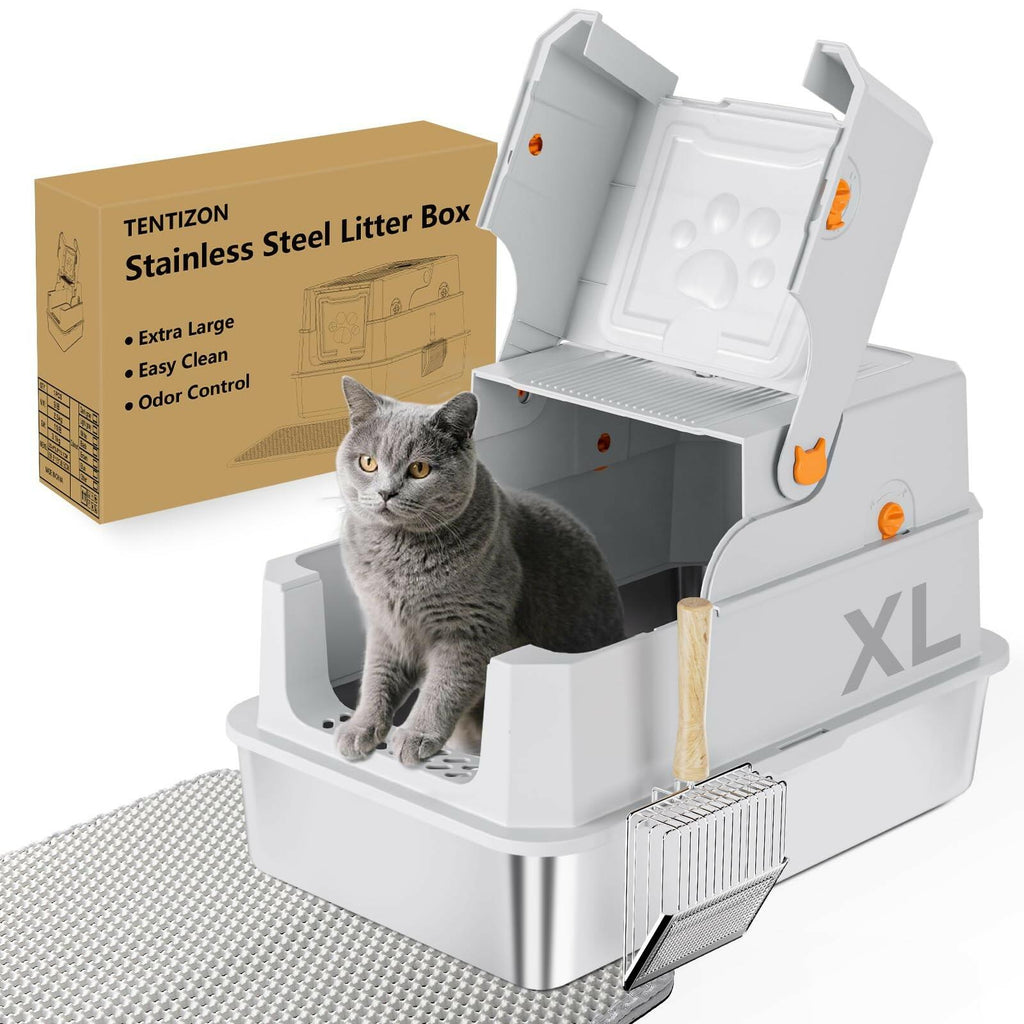 TENTIZON Stainless Steel Cat Litter Box with Lid, XL Large Covered Kitty