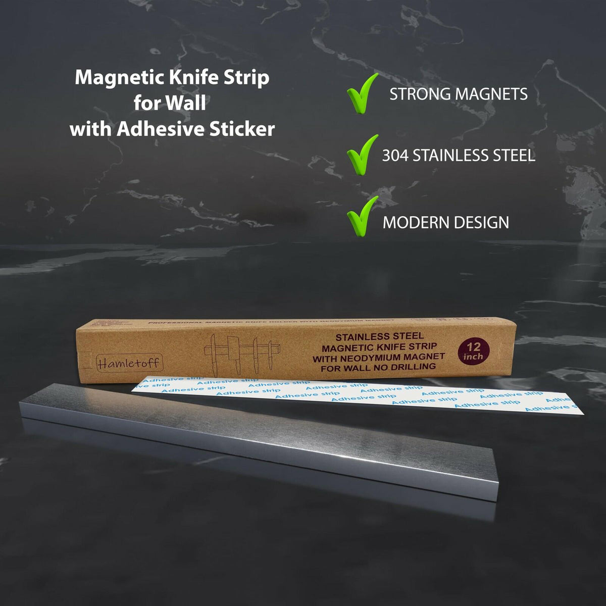 Hamletoff Premium Magnetic Knife Strip for Wall no Drilling – 12 Inch Stainless